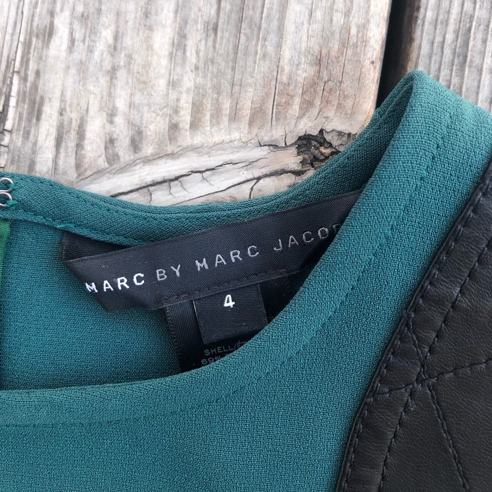 Marc Jacobs Black Lamb Leather Shoulders Lightweight Teal Sheath Dress size 4 - Picture 3 of 10